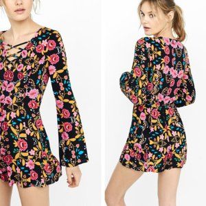 Express Bold Floral Print Lace Up Neckline Romper